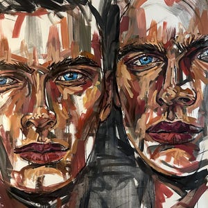 Handsome men painting, male portrait, cropped face, male artwork (shipped rolled inside a tube).