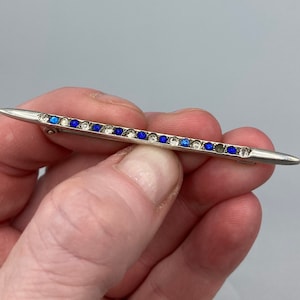 Vintage Art Deco Sterling Silver Bar Pin with Clear and Blue Glass Paste Stones