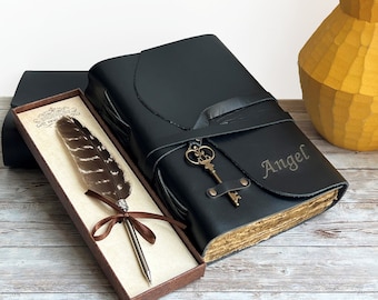 Personalized Vintage Black Leather Writing Journal Notebook For Women And Men, Engraved Drawing Sketchbook Leather Bound Scrapbook Album