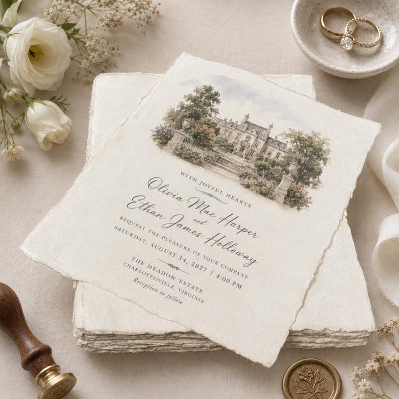 May include: A cream-colored wedding invitation on deckled-edge paper featuring a watercolor illustration of a manor house. The text reads: With joyful hearts, Olivia Mae Harper and Ethan James Holloway request the pleasure of your company.