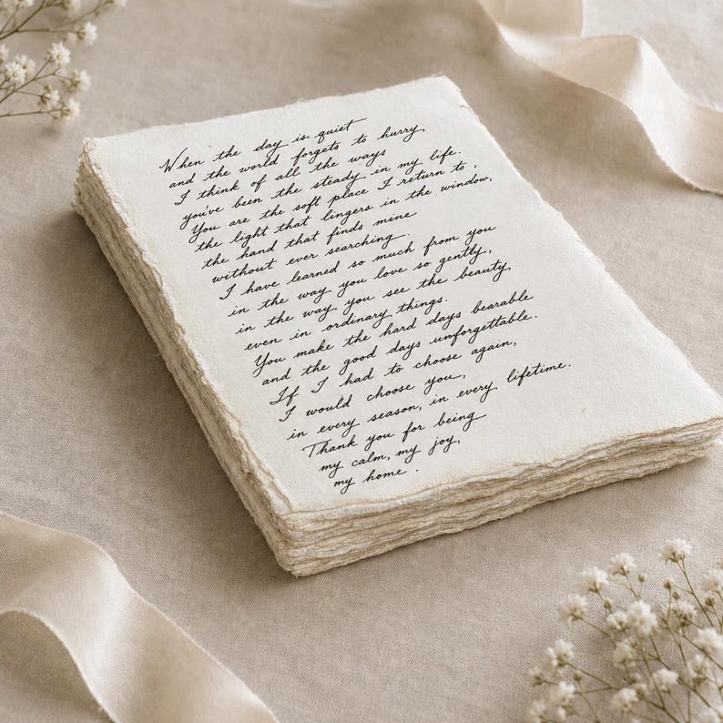 May include: A stack of off-white, rectangular paper sheets with rough, deckled edges. The top sheet features black cursive text that reads: When the day is quiet and the world forgets to hurry, I think of all the ways you've been the steady in my life.