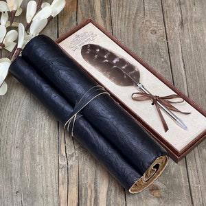 Handmade Scroll Travel Leather Journal, 9x6 Travel Diary Notebook, Birthday Gifts, Perfect Gift for Writers or Poets, Anniversary Gift Journal &Feather Pen