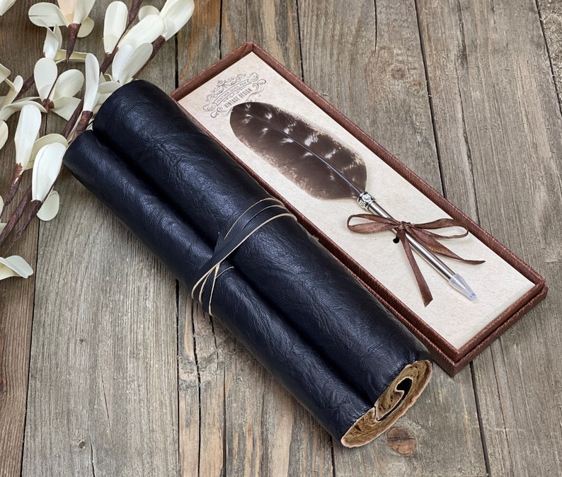 Handmade Scroll Travel Leather Journal, 9x6 Travel Diary Notebook, Birthday Gifts, Perfect Gift for Writers or Poets, Anniversary Gift Journal &Feather Pen