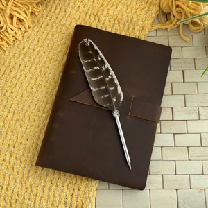 Refillable Leather Notebook A5 - Genuine Leather Planner With Feather Pen- Handmade Leather Notebook for Men Women
