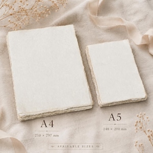 May include: Two stacks of off-white handmade paper with deckled edges. The larger stack is labeled A4 with dimensions 210 x 297 mm, and the smaller stack is labeled A5 with dimensions 148 x 210 mm. The text Available Sizes is printed below.