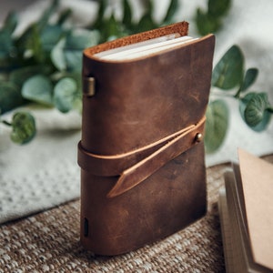 Personalized Refillable Leather Notebook - Daily Notebook with Card Holder - Genuine Leather Notepad - Inspirational Gifts for Men Women