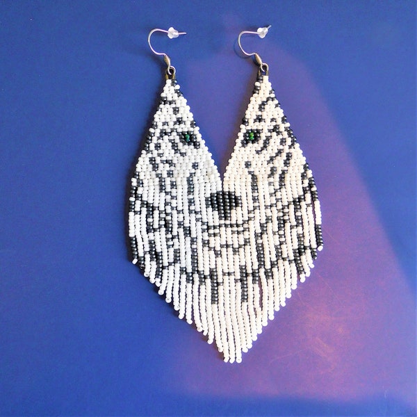 Beaded earrings, Wolf, Handmade, Chic jewelry, Gifts for women, Stainless Steel or Silver hooks, Animal, White and Grey, Anniversary Gift