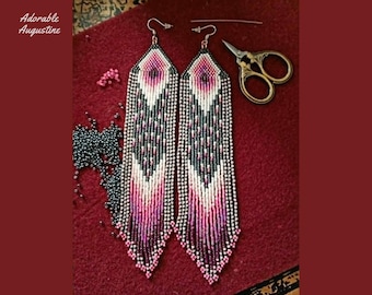 Beaded earrings, Handmade, Pink Fuchsia and Grey Glass Beads, Great Gift Idea, Long fringe,Great Gilt Idea, With Hooks: 19cm / 7.5''