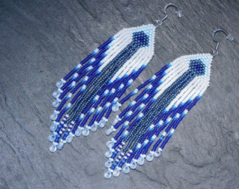 Beaded earrings, Handmade, Jewelry with long fringe, Gift for woman,  Hypoallergenic, Blue and White, Fair Prices, Long Beaded Earrings