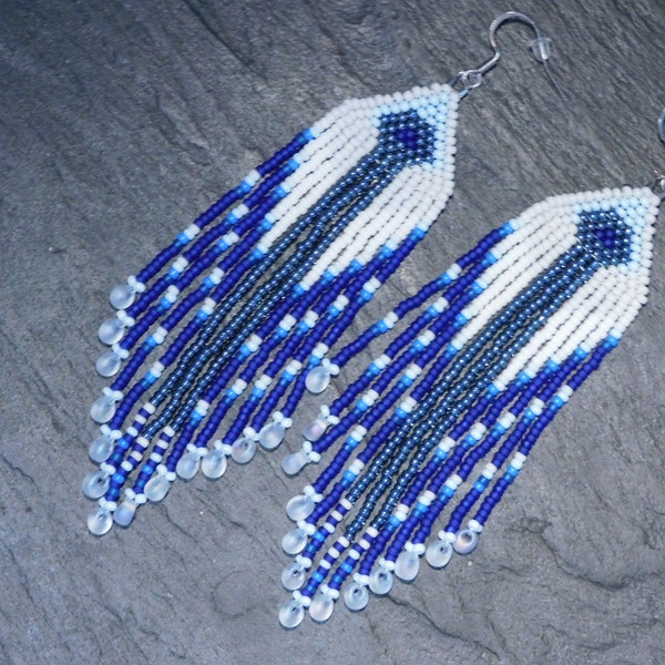 Beaded earrings, Handmade, Jewelry with long fringe, Gift for woman,  Hypoallergenic, Blue and White, Fair Prices, Long Beaded Earrings