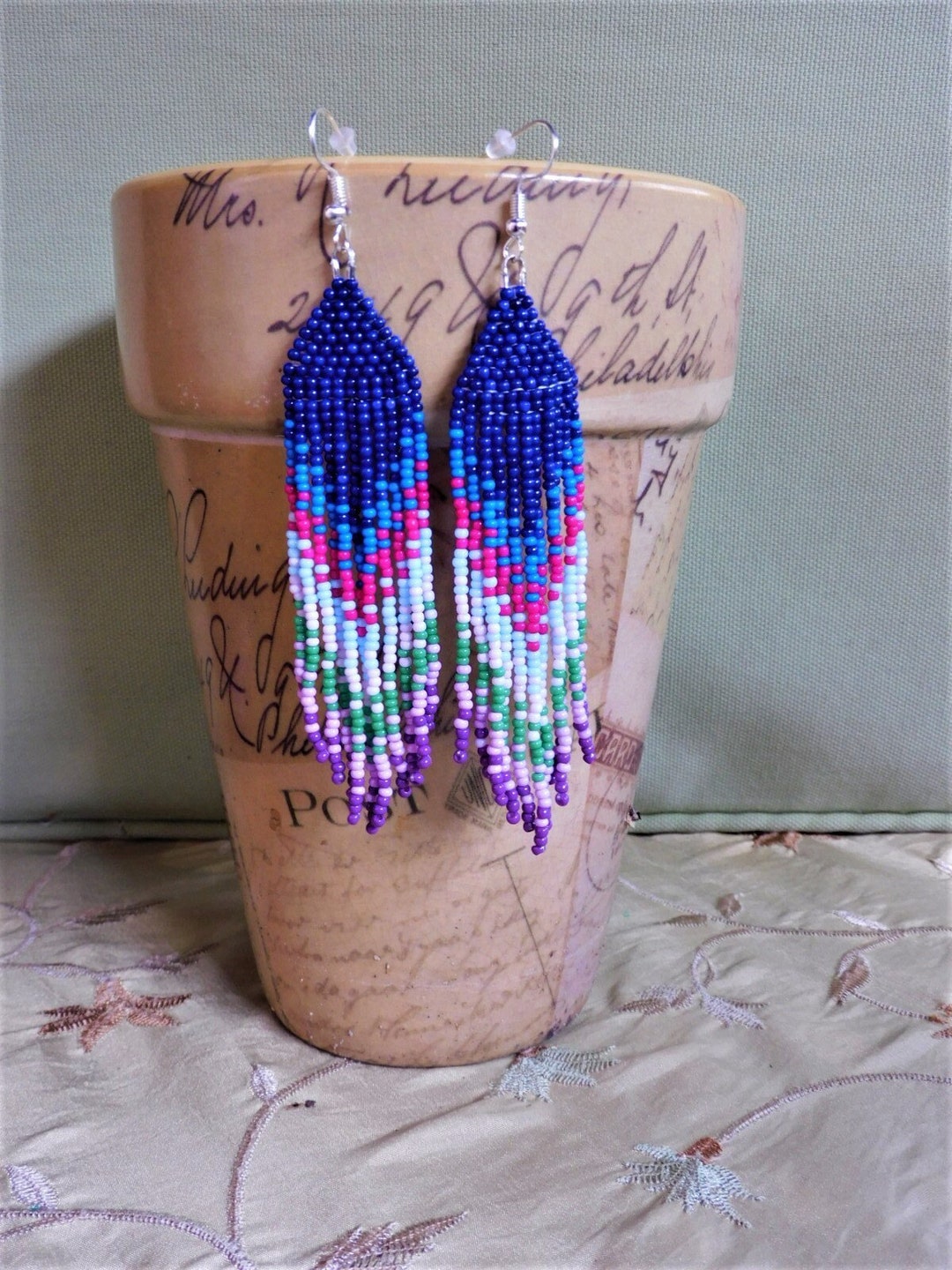 Hand beaded earrings long Ceremony design