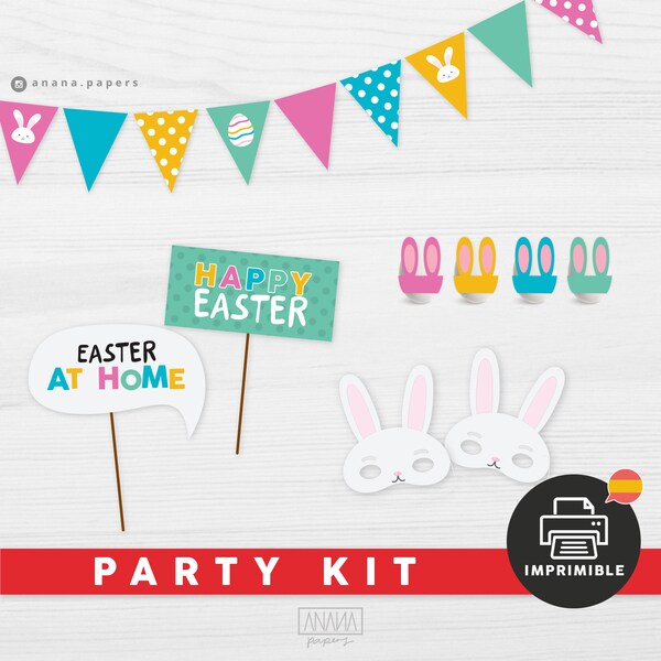 EASTER PARTY decoration kit: Guirnalda + Decoración para Huevitos de pascua + Máscaras de Conejo + Props. / Editable PDF (imprimible)