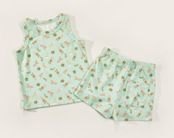 Cactus Print Kids Clothing Set: Sleeveless Top and Shorts - Made in USA