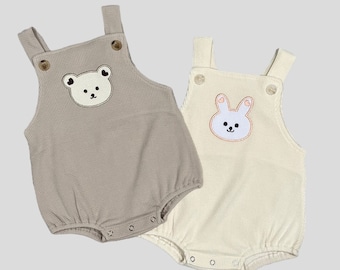 Neutral Waffle-Knit Baby Romper with Bear Appliqué