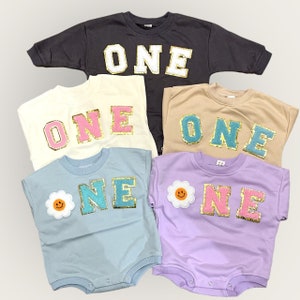 ONE Patch work Oversized Sweatshirt Romper | Bubble Romper | Sweatshrit Bubble Romper | Baby Boy Clothes | First Birthday Outfit | 1st Bday