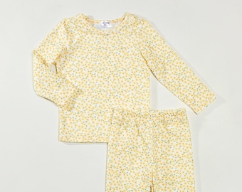 Freesia Toddler Lounge Set: Yellow Floral Kids PJs (Made in USA)