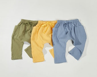 Cotton Muslin Harem Pants: Unisex Toddler Trouser with Pockets