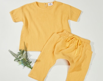 Yellow Cotton Muslin Kids Clothes Set: Harem Pants, Unisex Toddler Outfit