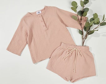 Muslin Baby Outfit: Henley Top and Drawstring Shorts Set