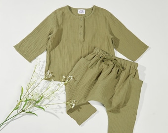 Summer Neutral Kid Clothing | Retro Clothes|  Muslin  top and Pant set | children's Pant and top set muslin |Toddler set Baby Girl, Boy