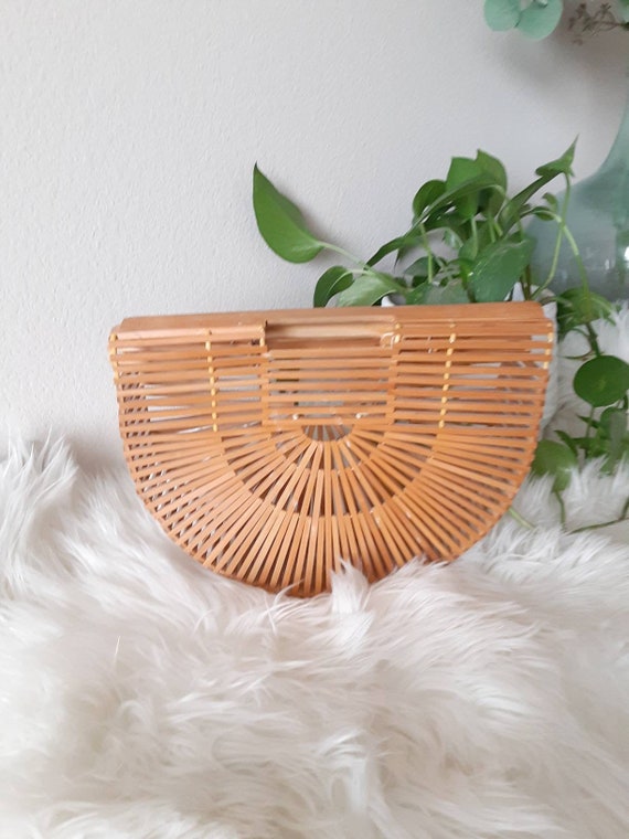 Vintage Bamboo half moon bag//boho purse