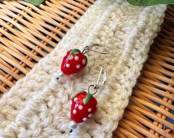 Dainty Earrings made with Strawberry Glass Beads and Pearls