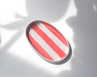 Porcelain Striped Periwinkle and Coral Oval Catchall