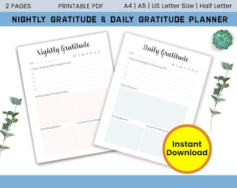 May include: Printable PDF planner with two pages, one for nightly gratitude and one for daily gratitude. The nightly gratitude page is pink and the daily gratitude page is blue. Both pages have sections for writing down things you are grateful for, daily affirmations, and a space for the date.