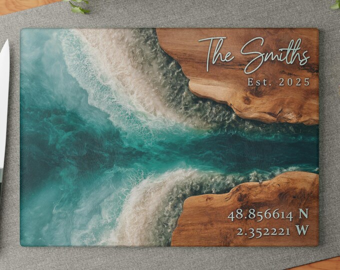 Personalized Ocean River Glass Cutting Board, Custom Family Name ...