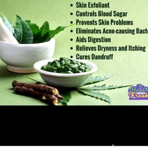 May include: A close-up of a bowl of green paste made from neem leaves, a traditional Indian herb. The paste is surrounded by neem leaves and twigs. The text "Skin Exfoliant", "Controls Blood Sugar", "Prevents Skin Problems", "Eliminates Acne-causing Bacteria", "Aids Digestion", "Relieves Dryness and Itching", "Cures Dandruff" and "The Health Freakz" is visible in the image.