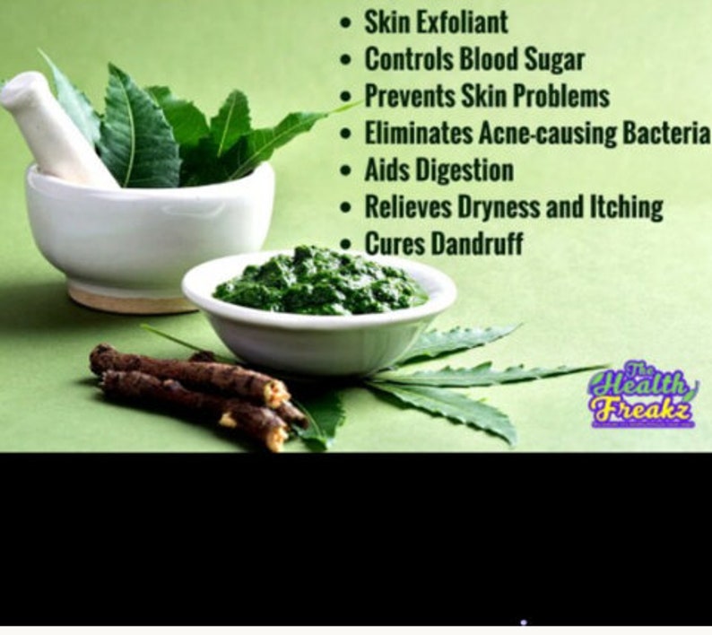 May include: A close-up of a bowl of green paste made from neem leaves, a traditional Indian herb. The paste is surrounded by neem leaves and twigs. The text "Skin Exfoliant", "Controls Blood Sugar", "Prevents Skin Problems", "Eliminates Acne-causing Bacteria", "Aids Digestion", "Relieves Dryness and Itching", "Cures Dandruff" and "The Health Freakz" is visible in the image.