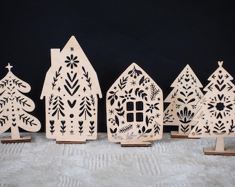 Kerstdorpshuizen | Scandinavisch kerstdorp | Noords kerstdecor | Dorpsbomen en -huizen | Houten kerstdorp
