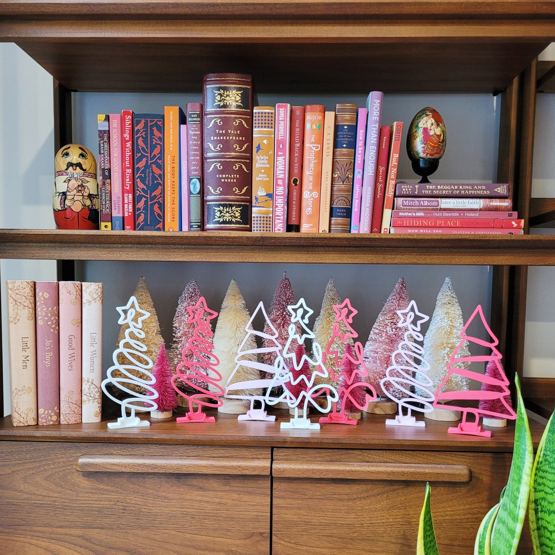 Charming Mini Pink Christmas Trees for Shelves Set of 4 Styles Pink