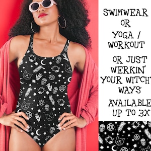 Witchy Woman Dark Crystal Lady Magickal Symbol tank One-Piece Black Swimsuit- moon star skull crystal ball