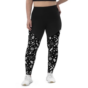 Witchy Fun Leggings XXS to PLUS GODDESS Size Yoga Sports black white Crystal Skull Magic