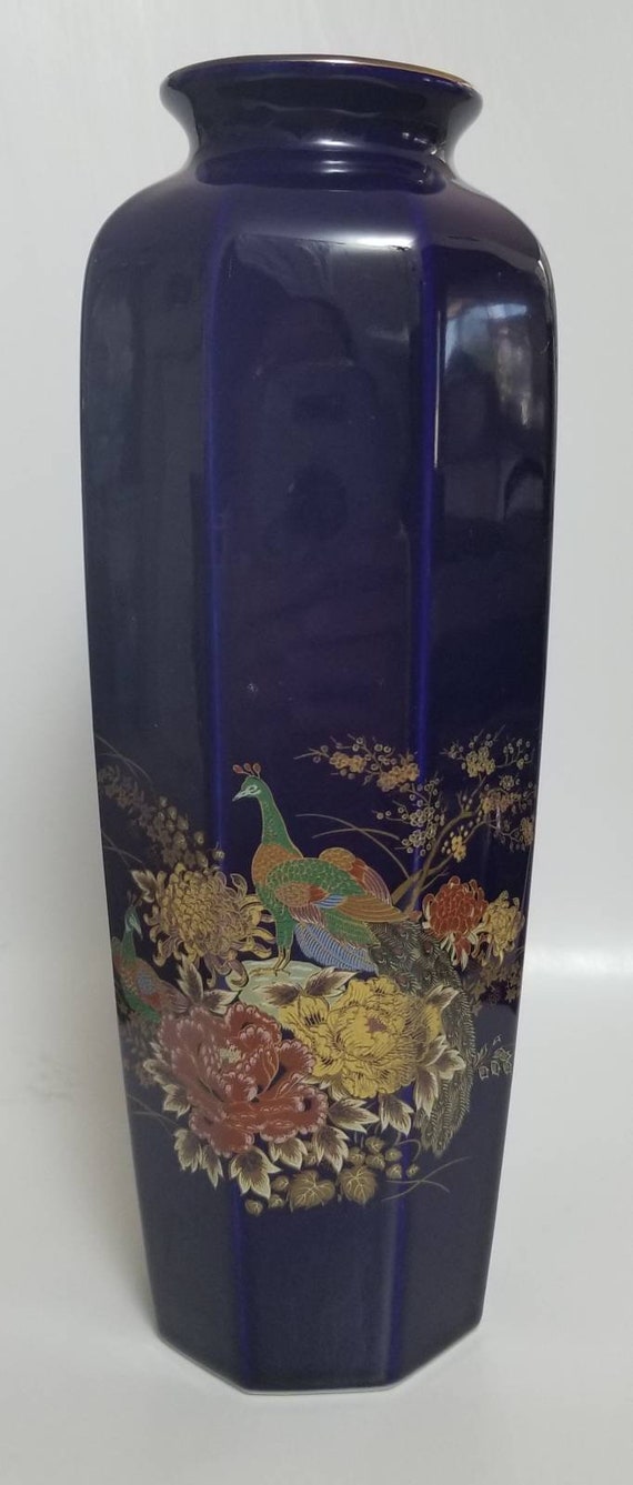 Vintage Cobalt Blue Japanese Vase With Peacock Beautiful Etsy