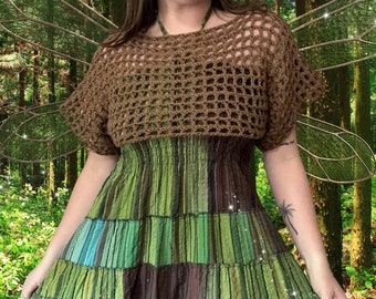 Motif haussement d'épaules au crochet, Patron de fée au crochet, Patron à manches courtes, Haut en résille au crochet