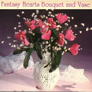 Blumenstrauß und Vase Häkelanleitung, Vintage 1990er Jahre Häkelanleitungen, Valentinstag Geschenk, Häkelblumenstrauß, Häkelblumen