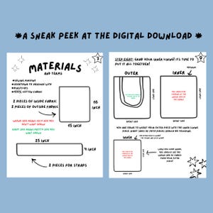 以下が含まれることがあります： 縫製プロジェクトの指示が記載されたデジタルダウンロードグラフィック。画像には、センチメートル単位の寸法、材料リスト、縫製手順を示す図が含まれています。テキストには「材料と用語」と「デジタルダウンロードのプレビュー」が含まれています。
