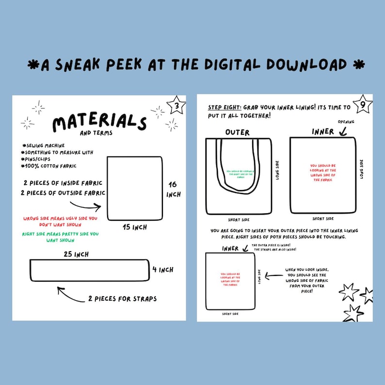 以下が含まれることがあります： 縫製プロジェクトの指示が記載されたデジタルダウンロードグラフィック。画像には、センチメートル単位の寸法、材料リスト、縫製手順を示す図が含まれています。テキストには「材料と用語」と「デジタルダウンロードのプレビュー」が含まれています。
