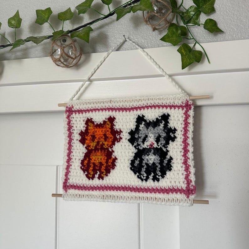 May include: A white crocheted wall hanging with a pink border featuring two cats. One cat is orange and the other is gray and white.