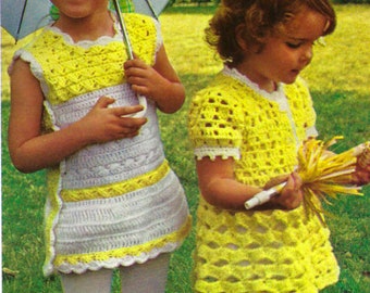 1970s Yoked Skimmer Dress and Buttercup Dress Crochet Pattern, Vintage 70s Crochet Patterns