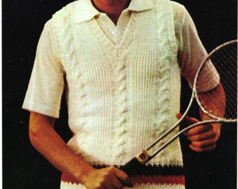 Pull-on da tennis all'uncinetto anni '70, modello vintage all'uncinetto degli anni '70, modello di gilet all'uncinetto, modello di gilet da uomo all'uncinetto