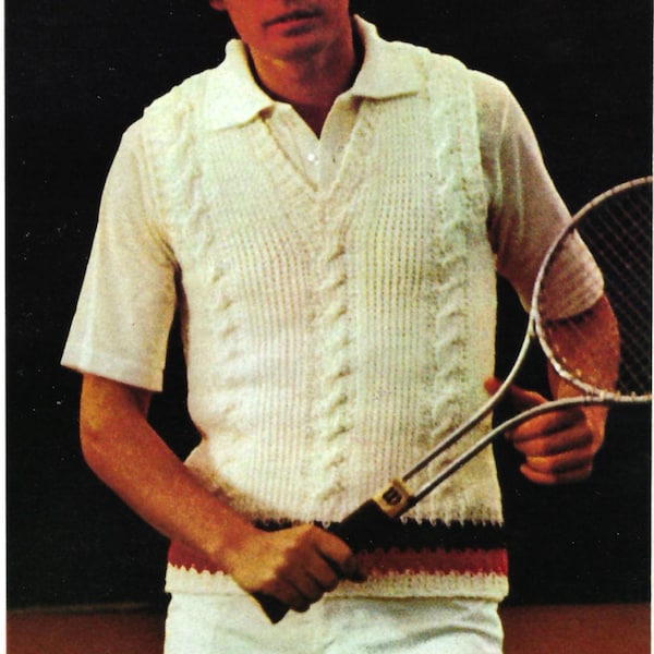 70s Crochet Tennis Pull-on, Vintage 1970s Crochet Pattern, Crocheted Vest Pattern, Mens Vest Crochet Pattern
