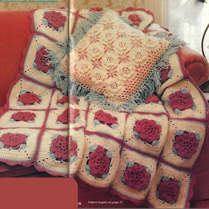 Rose Afghan and Meditation Pillow Crochet Pattern, Vintage 1990s Crochet Pattern, 90s Afghan Crochet Pattern