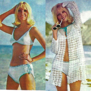 1970s Beach Set Crochet Pattern, Bikini Crochet Pattern, Bikini Cover Crochet Pattern, Vintage Crochet Pattern image 1