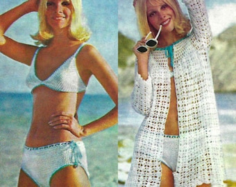 1970s Beach Set Crochet Pattern, Bikini Crochet Pattern, Bikini Cover Crochet Pattern, Vintage Crochet Pattern