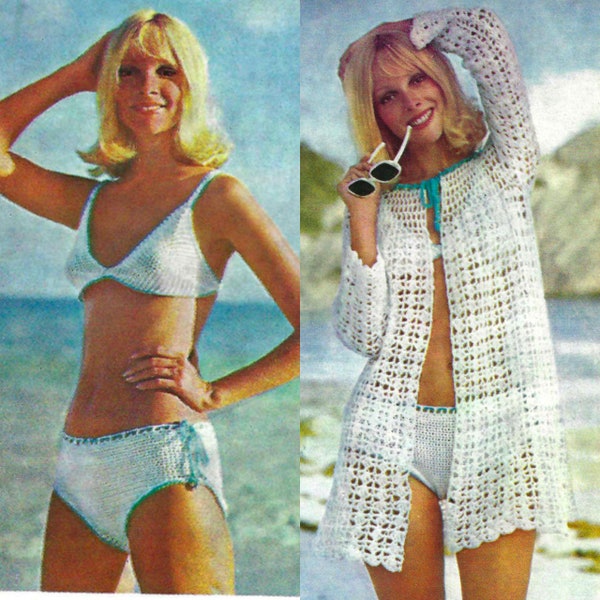 1970s Beach Set Crochet Pattern, Bikini Crochet Pattern, Bikini Cover Crochet Pattern, Vintage Crochet Pattern
