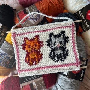 May include: A crocheted wall hanging with a pink border featuring two pixelated animal designs. The design on the left is a red, orange, and yellow cat. The design on the right is a black and gray cat. The hanging is made with white yarn and has a wooden dowel at the top.