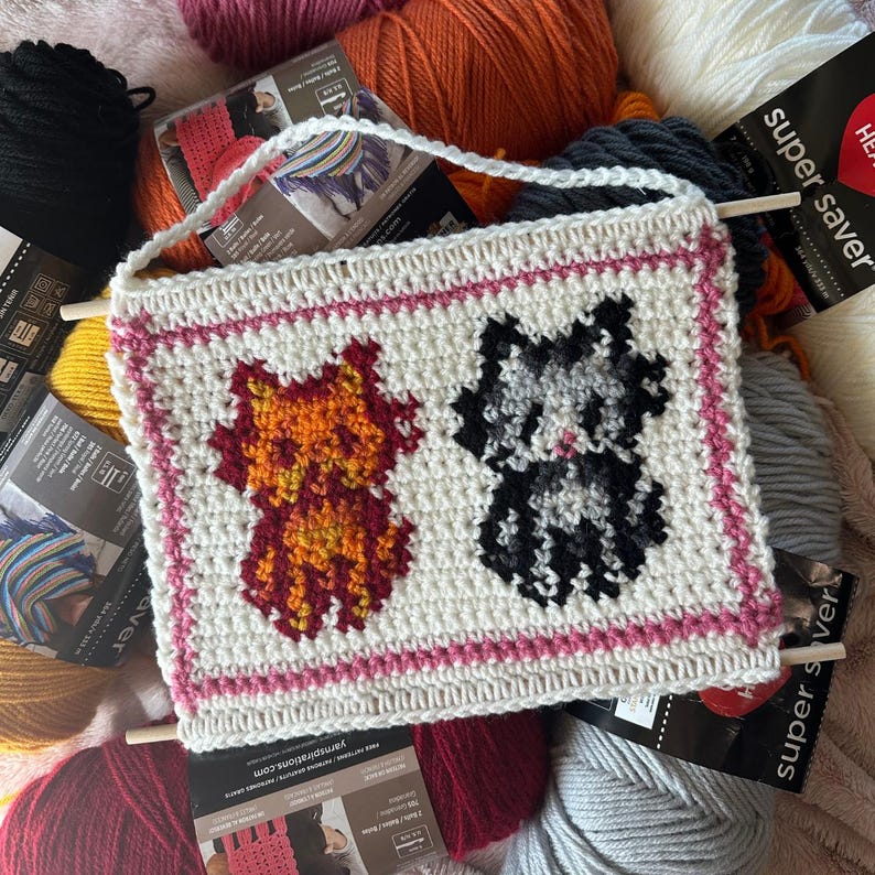 May include: A crocheted wall hanging with a pink border featuring two pixelated animal designs. The design on the left is a red, orange, and yellow cat. The design on the right is a black and gray cat. The hanging is made with white yarn and has a wooden dowel at the top.